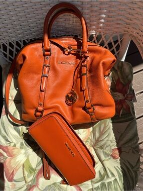 MICHAEL KORS Orange Pebbled Leather Satchel with Matching Wallet